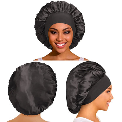 1PC Women's Satin Solid Bonnets Wide-brimmed Night Sleeping Bathing Hat Unisex Head Wrap Elastic Band Cap Hair Care Bonnet. Beauty World Shop