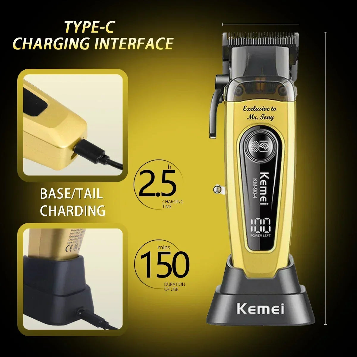 Kemei Km-90-4 Professional Hair Clipper for Men 11500RPM 10W Brushless Motor DLC Blade Base Charger Haircut Machine Hair Trimmer Beauty Trend Shop