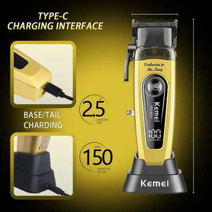 Kemei Km-90-4 Professional Hair Clipper for Men 11500RPM 10W Brushless Motor DLC Blade Base Charger Haircut Machine Hair Trimmer Beauty Trend Shop