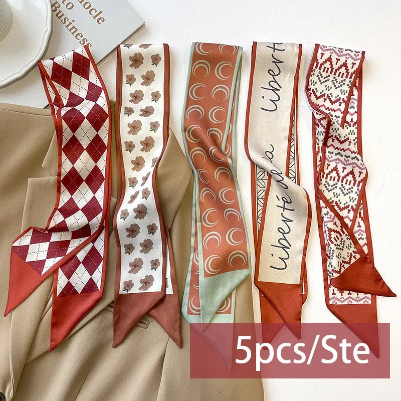 5pcs/set Series Silk Satin Scarf Women Cloth Hair Bands Headdress Accessories Lady Scarves Ribbon Neck Ties for Bag Handle Beauty World Shop