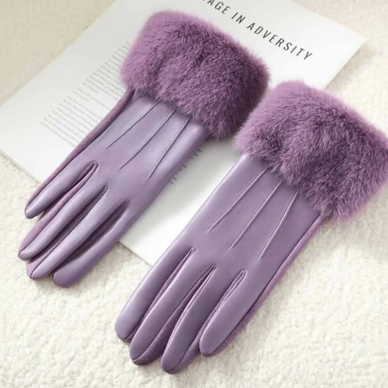 Winter Luxury Women's PU Leather Gloves Wrist Soft Faux Fur Trim Cuff Fashion Elegant Party Warm Touch Screen Drive Cycling Beauty World Shop