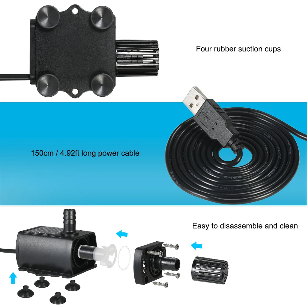 USB DC5V Ultra-quiet Mini Brushless Water Pump Waterproof Submersible Fountain Aquarium Circulating 250L/H Lift 200cm Beauty World Shop
