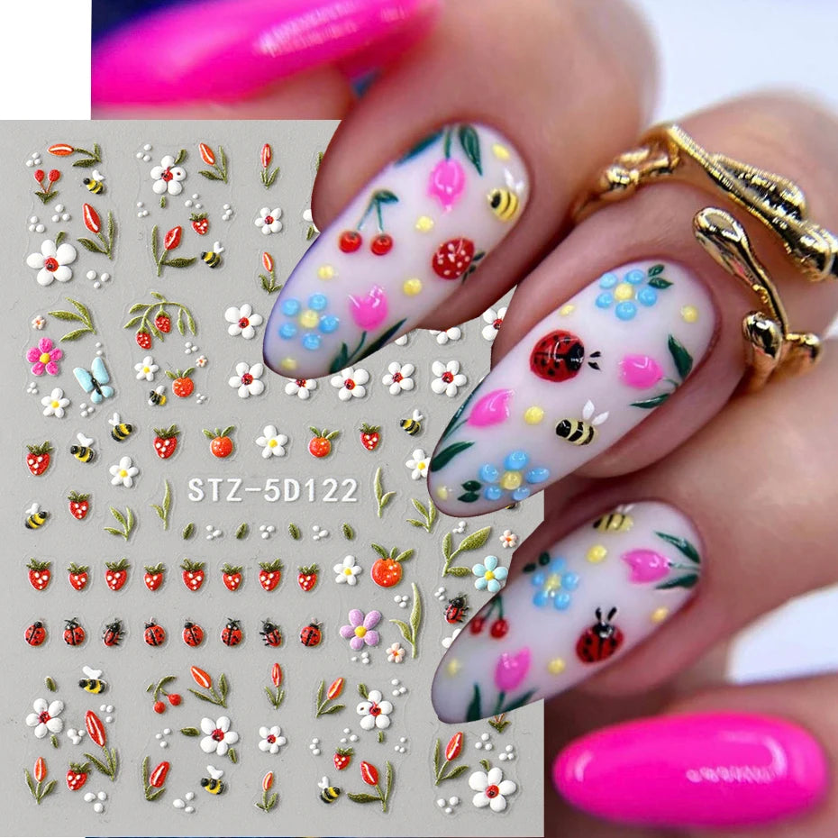 5D Embossed Kawaii Ladybug Sliders Spring White Daisy Flowers Nail Stickers DIY Simple Petals Wedding Nails Decals Accesories Beauty World Shop