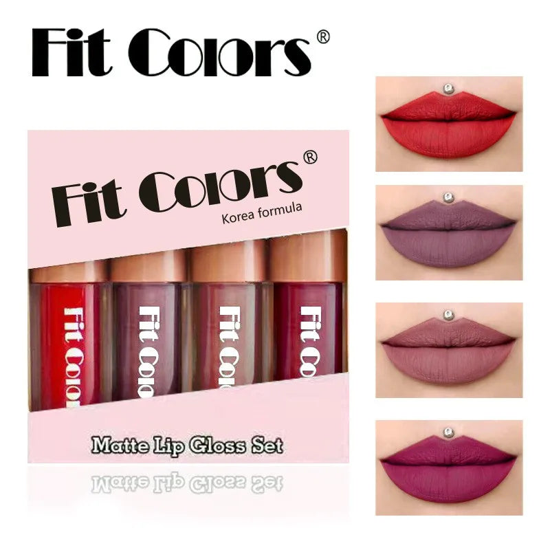 Fit Colors Velvet Lip Gloss Set — 4-Piece Non-Transfer, Diamond Finish, Long-Lasting Lip Gloss Collection Beauty Trend Shop