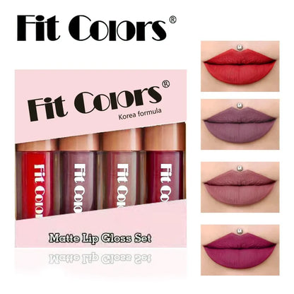 Fit Colors Velvet Lip Gloss Set — 4-Piece Non-Transfer, Diamond Finish, Long-Lasting Lip Gloss Collection Beauty Trend Shop