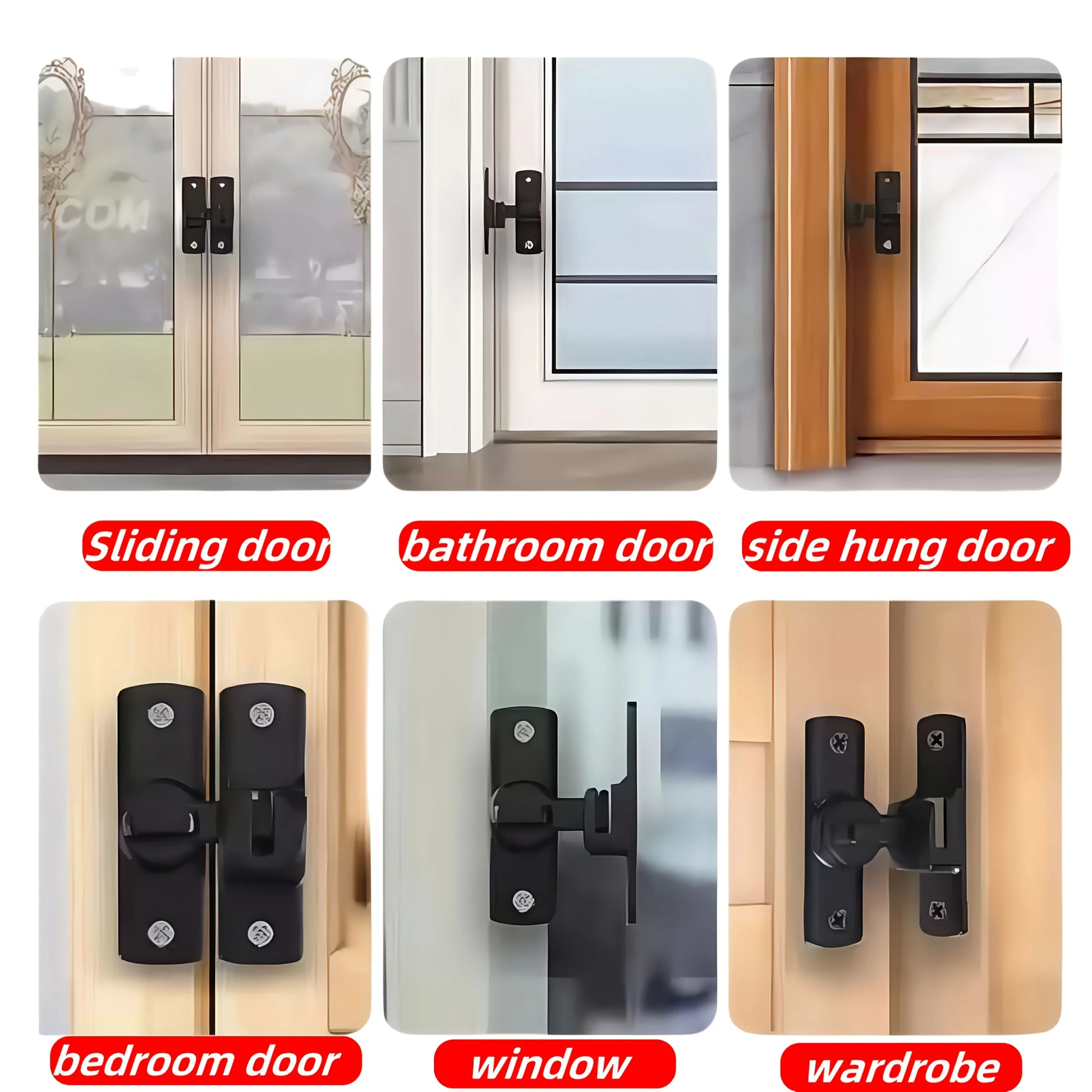 Anti-Theft Door Lock - 90°/180° Adjustable Sliding Pin, Keyless Entry Heavy-Duty Black Easy Install for Home Office Hotel Garage Beauty World Shop