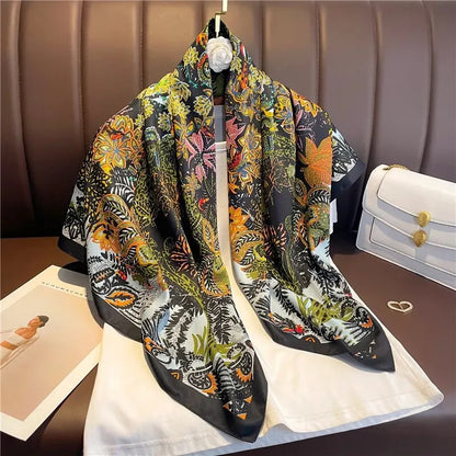90cm Silk Twill Square Scarf For Women Spring Print Hair Band Hijab Foulard Sunsceen Neckerchief Shawl Wraps Echarpe New Beauty World Shop