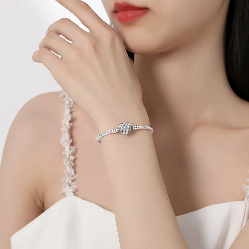 Original 925 Sterling Silver Bracelets Bangles Love Heart Clip Charms Beads Snake Chains For Women Rose Gold DIY Luxury Jewelry Beauty World Shop
