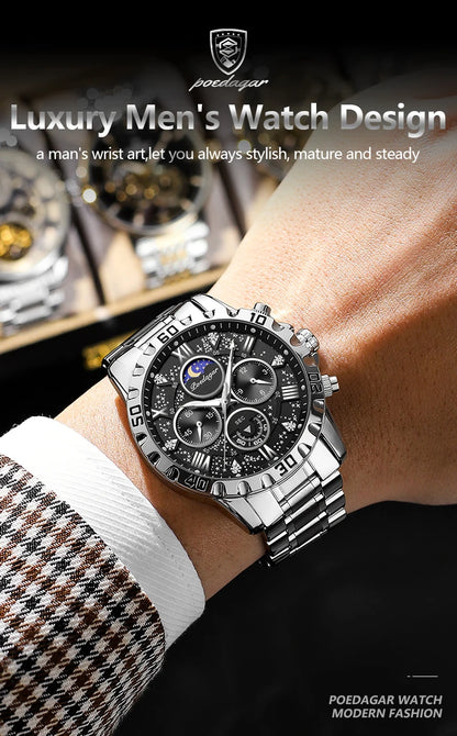 POEDAGAR Luxury Man Watch Waterproof Luminous Stainless Steel Quartz Men's Wristwatch Chronograph Military Watches For Men Reloj Beauty World Shop