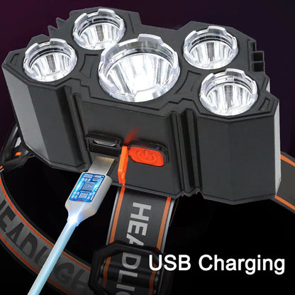 5 LED Headlamp Rechargeable with Built in Battery Strong Light Headlight Camping Adventure Fishing Head Light Flashlight Beauty Fashion