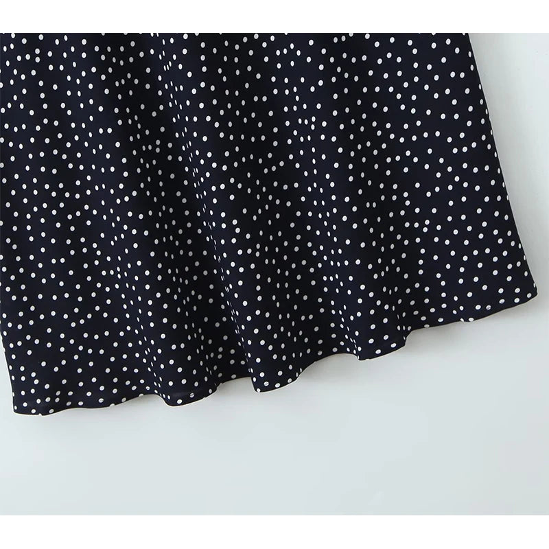 YENKYE 2025 Women Navy Blue Polka Dot Long Dress Lace Trim V Neck Short Sleeve A-line Elegant Holiday Dresses Summe Maxi Robe Beauty World Shop