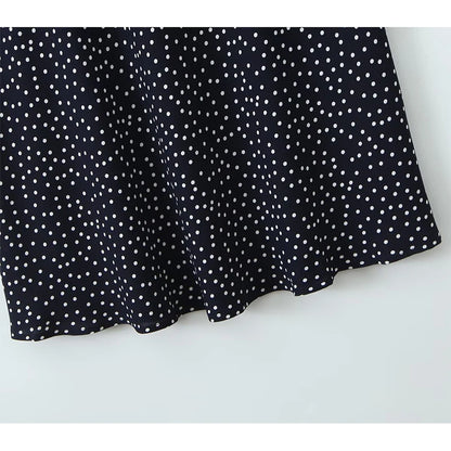YENKYE 2025 Women Navy Blue Polka Dot Long Dress Lace Trim V Neck Short Sleeve A-line Elegant Holiday Dresses Summe Maxi Robe Beauty World Shop