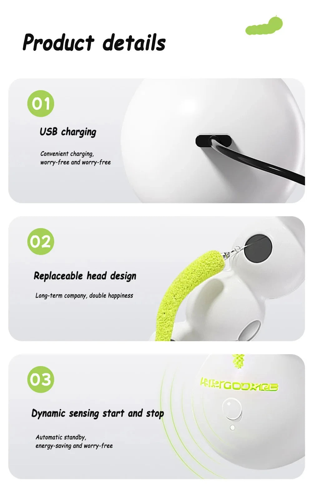 Caterpillar Interactive Cat Toy Motion Activated Wack A Worm Post Toy Rechargeable Automatic Teasing Cat Toy with Tail for Cats Beauty World Shop