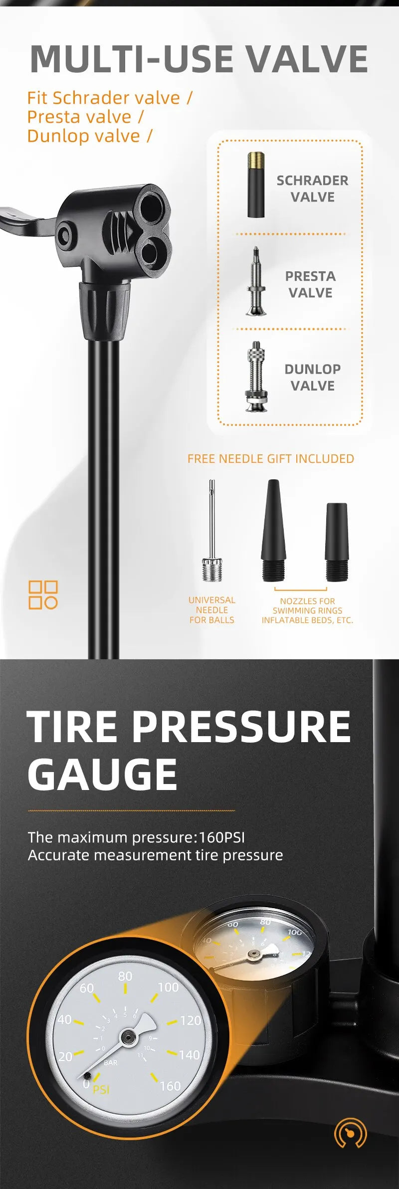 WEST BIKING Bicycle Pump 160PSI Portable Stainless Steel Bike Pump Schrader Presta Valve Inflator Mountain Road Bike Accessories Beauty World Shop