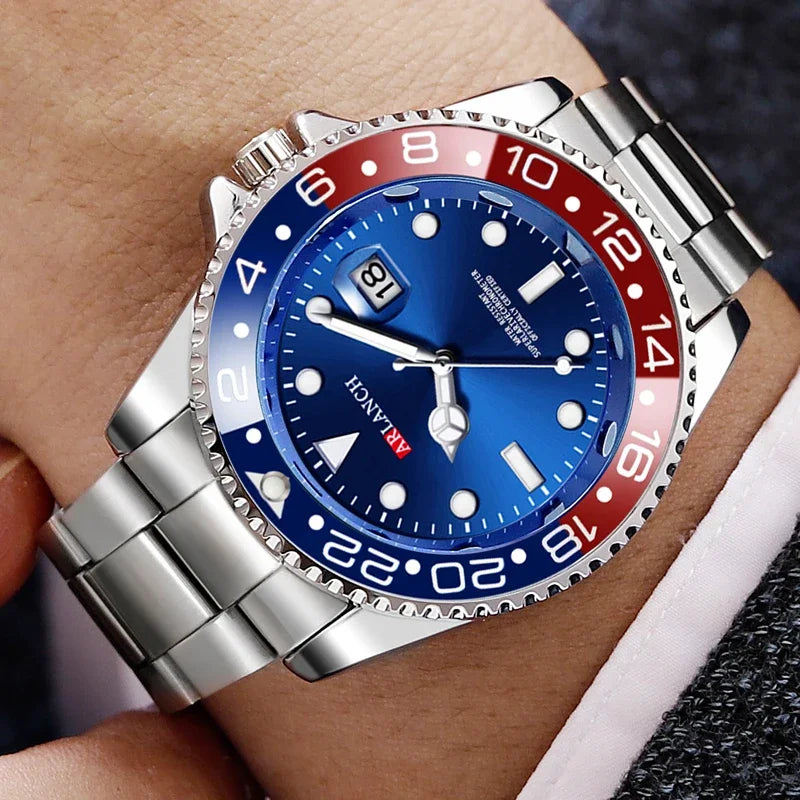 Business Stainless Steel Watch 40mm Classic Red Blue Circle Diving Series Magnifying Glass Calendar Quartz Watches montre homme Beauty World Shop
