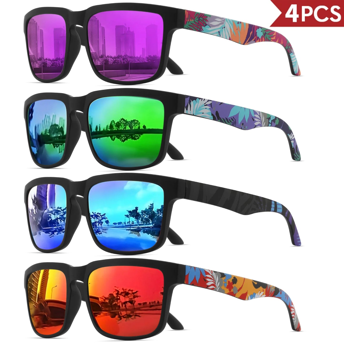 4PCS Square Sports Sunglasses with Designer Temple Pattern - UV400 for Men Women, Beach Vacation Beauty World Shop