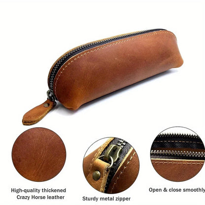 Vintage Leather Pencil Bag Simple Stationery Hoder Pen Case Storage Bag Zipper Pencil Pouch Glasses Box School Supplies Beauty World Shop