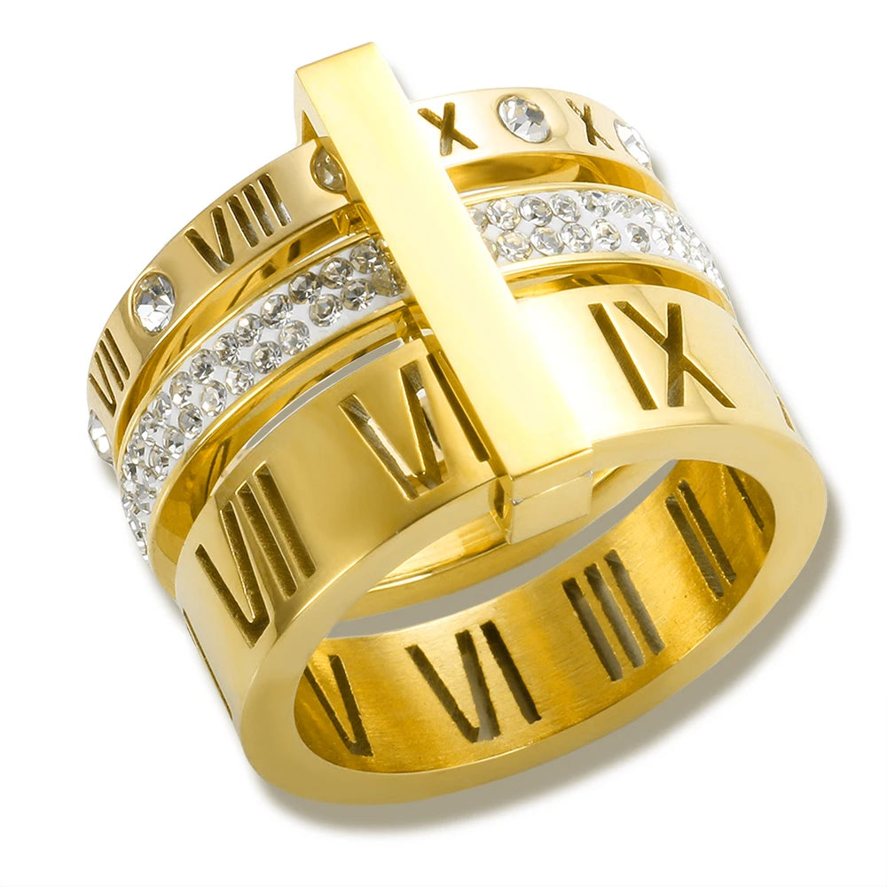Three Layers Roman Numerals Ring for Women Luxury Stainless Steel Rotatable Crystal Finger Rings Female Wedding Trendy Jewelry Beauty World Shop