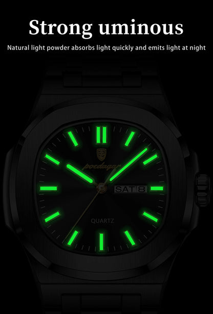 POEDAGAR Square Luxury Men's Wristwatch Luminous Waterproof Stainless Steel Male Clock Week Date Original Quartz Watches For Men Beauty World Shop