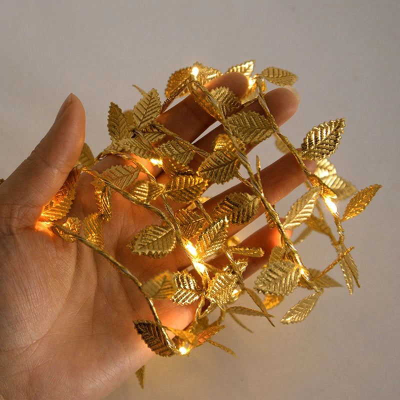2M 20LED Golden Leaves String Fairy Lights For Wedding Birthday Party Decoration Home Garden Artificial Plant Garland Vine Light Beauty World Shop