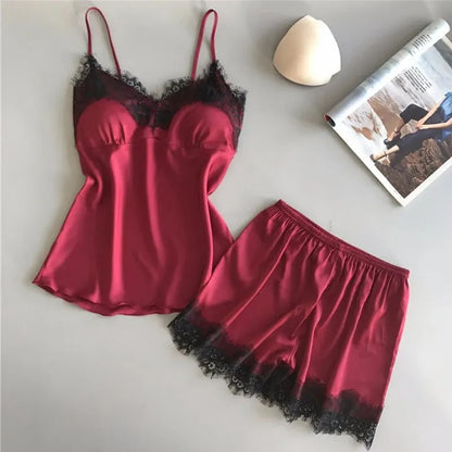 Women Pajama Suit Fashion V-Neck Lace Sexy Lingerie Pyjamas Sleep Shorts Set Sleepwear New Beauty World Shop