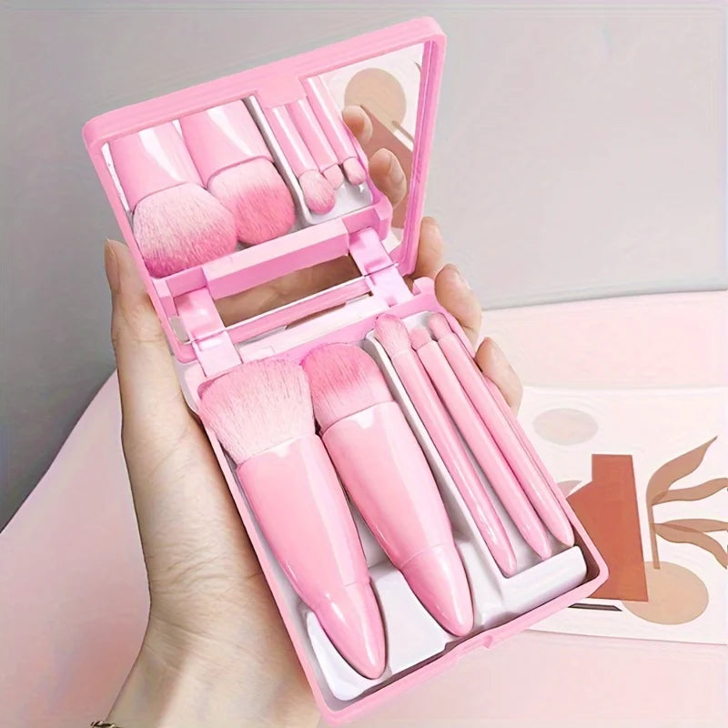 5Pcs Portable Makeup Brush Set With Mirror -  Foldable Travel Kit ，Mini Makeup Brush Set Travel Makeup Brush Set Beauty World Shop