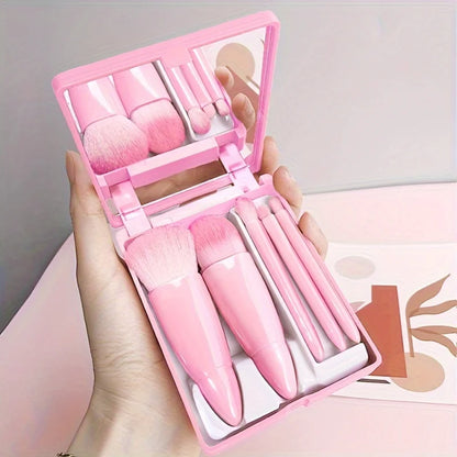 5Pcs Portable Makeup Brush Set With Mirror -  Foldable Travel Kit ，Mini Makeup Brush Set Travel Makeup Brush Set Beauty World Shop