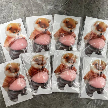 3D Shiba Inu Dog Belly Sticker - Cute puppy wearing orange outfit with soft pink background, silicone self-adhesive Beauty World Shop