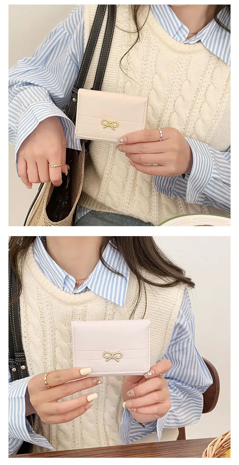 Fashion Wallets Girls Cute Bow Small Wallet Aesthetic Card Holder Classic Three Fold Purse For Women Student Simple Coin Pouch Beauty World Shop