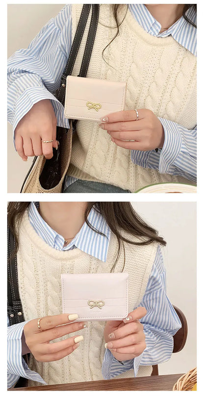 Fashion Wallets Girls Cute Bow Small Wallet Aesthetic Card Holder Classic Three Fold Purse For Women Student Simple Coin Pouch Beauty World Shop