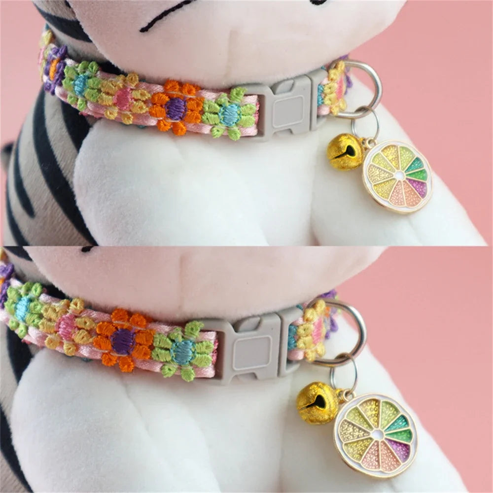 Fashion Rainbow Flower Cat Collar With Bell Kitten Puppy Necklace Adjustable Buckle Colorful Lace Kitten Collar Dog Accessories Beauty World Shop