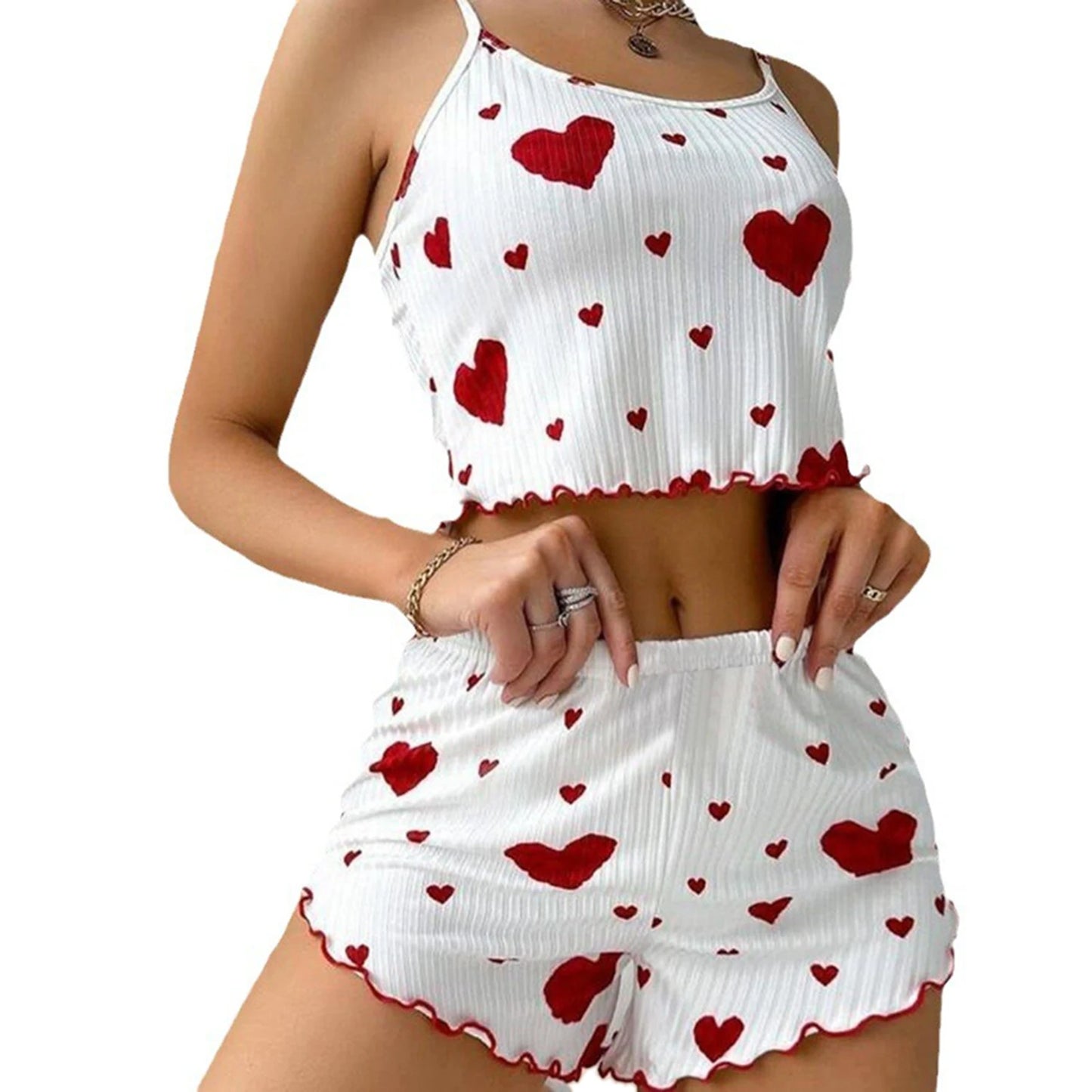Women's Pajamas Set Sleepwear 2 PCS Short Tank Tops And Shorts S M L White Ventilate Soft Casual Love Printing Beauty World Shop