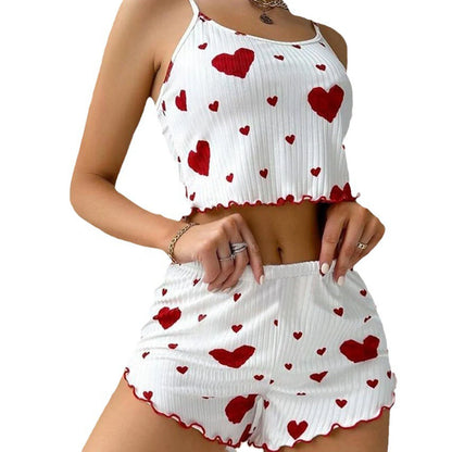 Women's Pajamas Set Sleepwear 2 PCS Short Tank Tops And Shorts S M L White Ventilate Soft Casual Love Printing Beauty World Shop