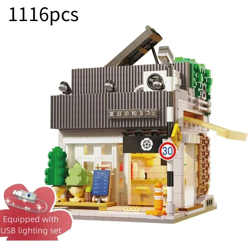 Japanese Street View Building Blocks Tea House Bun House Cafe Store Architecture Model Bricks Kids DIY Toys Holiday Gifts Beauty World Shop