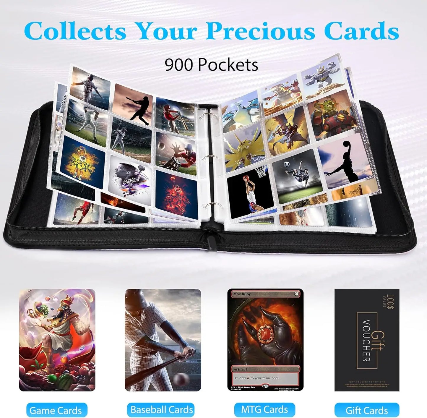 900 Pockets Card Binder Sleeves with Zipper, Double Sided Pockets Card Holder Carry Card Case for TCG CCG Card Storage(Black) Beauty World Shop