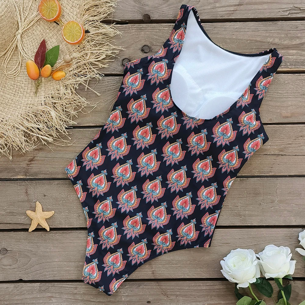 2026 New Printed One-piece Swimsuit Classic Printed Lace Up Swimsuit Women's Push Up Flower One-piece Suit Beach Wear For Female Beauty World Shop