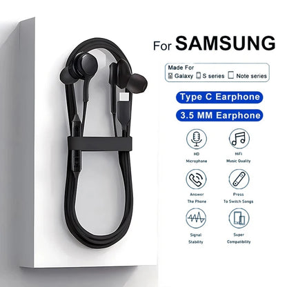 Type C Wired Earphone For Samsung Galaxy S23 S21 S22 Ultra Plus 3.5 mm Earbuds Headphones A54 A34 A53 A53 Accessories Beauty World Shop