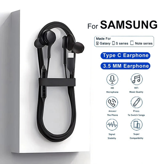 Type C Wired Earphone For Samsung Galaxy S23 S21 S22 Ultra Plus 3.5 mm Earbuds Headphones A54 A34 A53 A53 Accessories Beauty World Shop