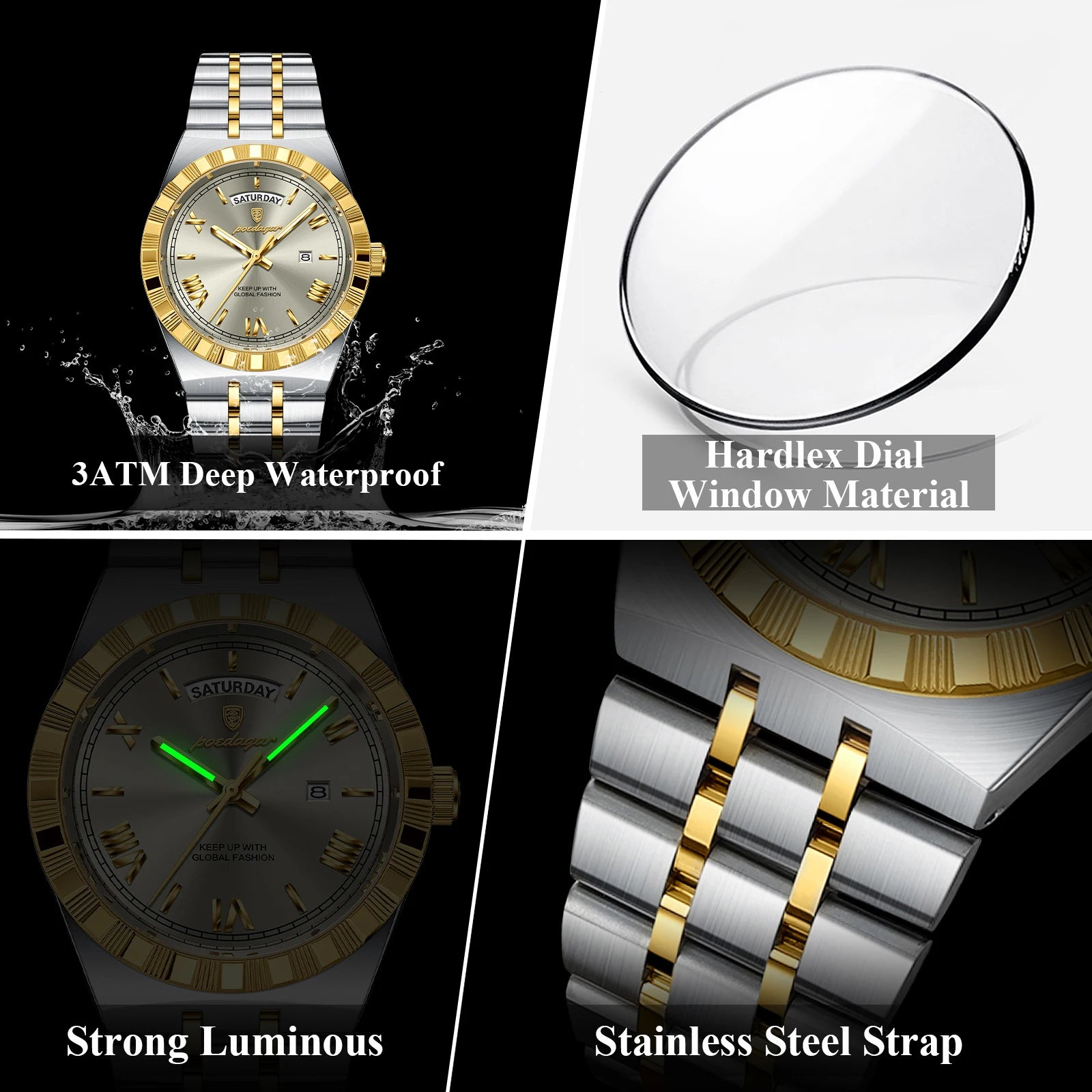 POEDAGAR Fashion Business Men's Watch Luminous Waterproof Week Date Luxury Man Wristwatch Stainless Steel Quartz Watches For Men Beauty World Shop