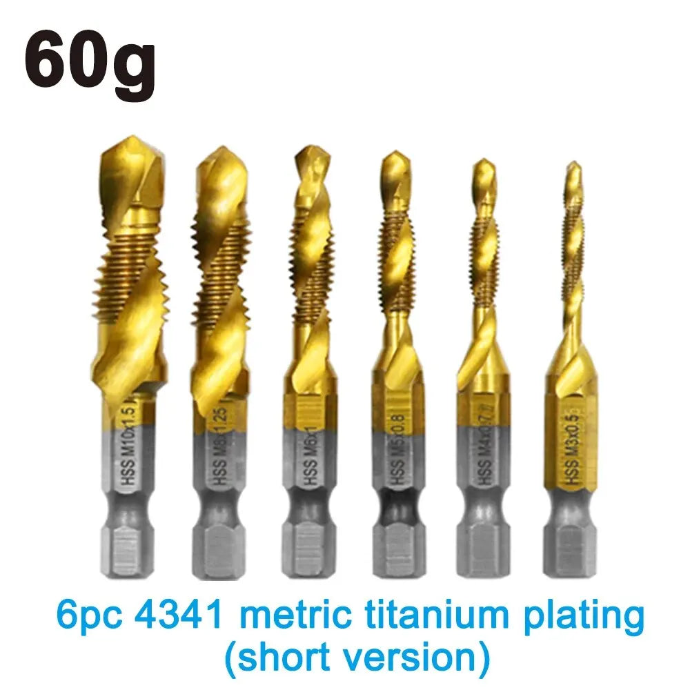 6pc High-speed Steel 4341 Titanium Plated Composite Tap Drill and Tap Integrated Machine Tap Open and Chamfer Tool Set Beauty World Shop