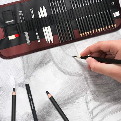 29Pcs Drawing Kit Sketching Pencils Set,Portable Pen Curtain-Charcoal Pencils, Sketch Pencils, Charcoal Stick,Sharpener,Eraser Beauty World Shop