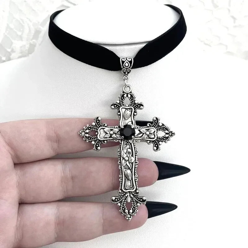 A Classic Gothic Large Cross Shaped Black Velvet Necklace Prepared for Her, Gorgeous Cross Shaped Black Velvet Necklace Beauty Trend Shop