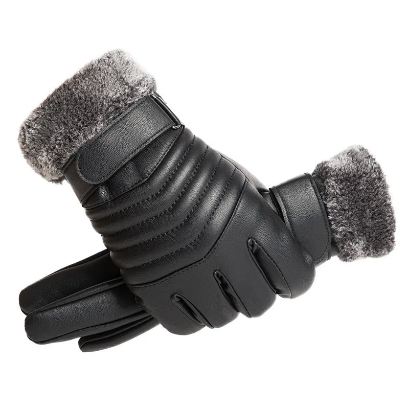Gloves Winter MEN'S Fur Mouth Plush Insulation Gloves Outdoor Cycling Motorcycle PU Touch Screen Cotton Gloves Beauty World Shop