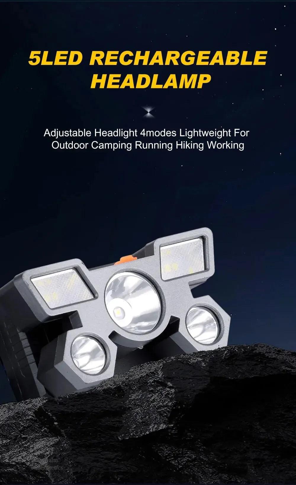 5LED Bright Headlamp Rechargeable Waterproof Adjustable 4Modes Lightweight for Outdoor Camping Running Hiking Beauty Fashion