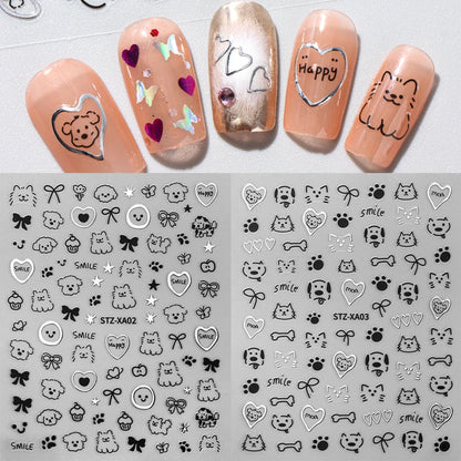 Black Silver Cat Animals Nail Sticker Decals Y2K Charms Cute Dog Cartoon Adhesive Sliders Foils For Manicure Nail Art Decoration Beauty World Shop