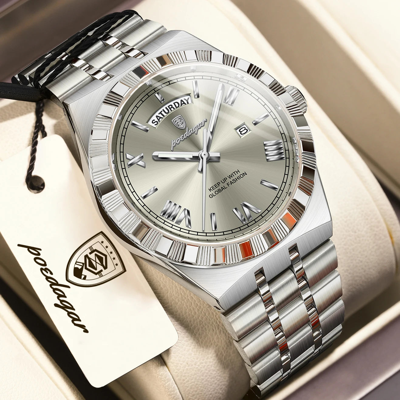 POEDAGAR Fashion Business Men's Watch Luminous Waterproof Week Date Luxury Man Wristwatch Stainless Steel Quartz Watches For Men Beauty World Shop