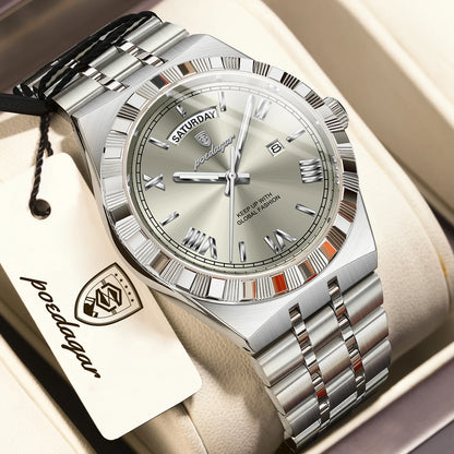 POEDAGAR Fashion Business Men's Watch Luminous Waterproof Week Date Luxury Man Wristwatch Stainless Steel Quartz Watches For Men Beauty World Shop