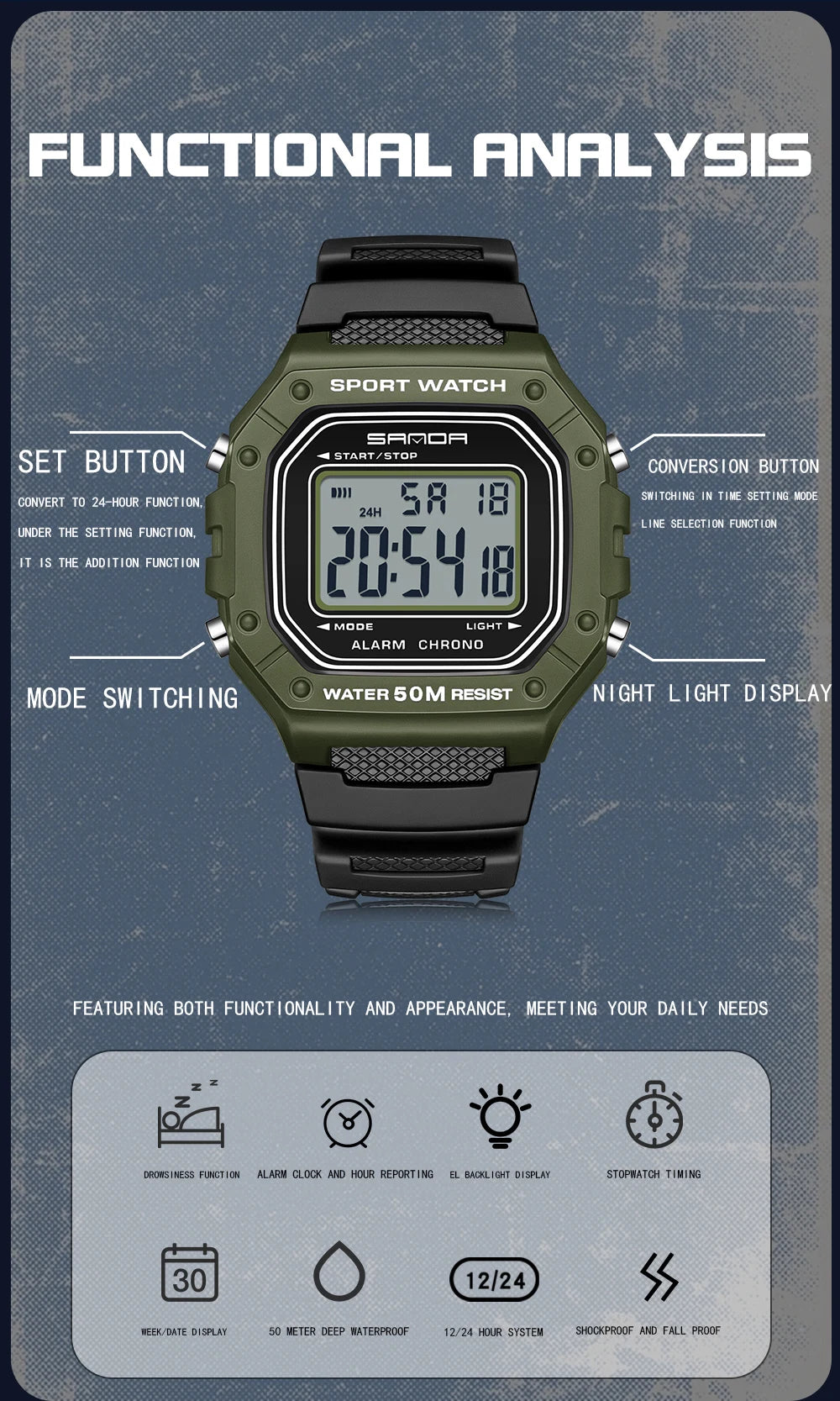 SANDA 2156 Fashion Mens Watch Military Water Resistant Sport Watches Army Big Dial Led Digital Wristwatches Stopwatches For Male Beauty World Shop