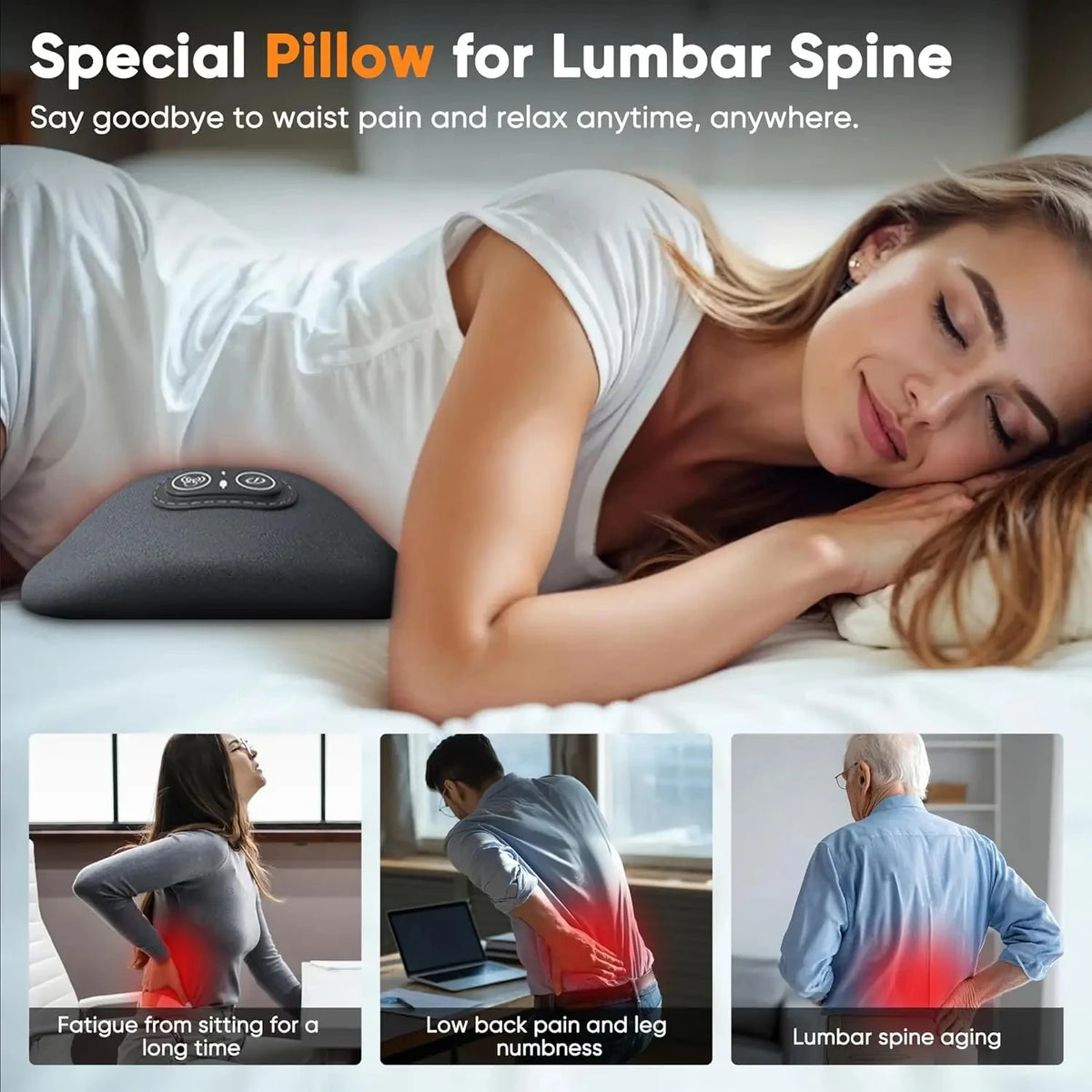 Heating Vibration Massage Pillow Electric Lumbar Support Pad Bed Sleeping Waist Protection Cushion Lying Flat Waist Pain Relief Beauty World Shop