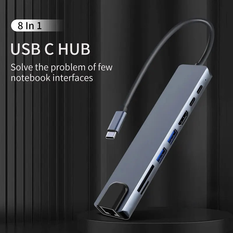 Usb 8 In 1 Type C 3 1 To 4k HdTV Hub Adapter With Sd Tf Rj45 Card Reader Pd Fast Charge For Macbook Notebook Computer Beauty World Shop